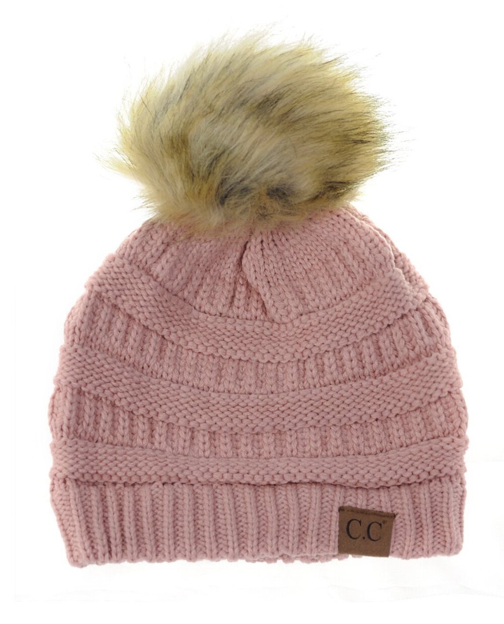 2050 Exclusive Soft Stretch Cable Knit Faux Fur Pom Pom Beanie Hat - Indi